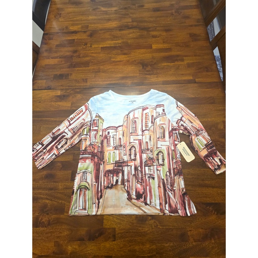 allison daley petites PM multicolor city graphic print 3/4 sleeve scoop top 064